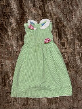 Girls' Green Gingham Sleeveless Dress with Watermelon